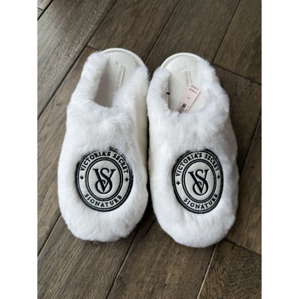 Victoria's Secret Slippers Womens Large White Faux Fur Signature Logo NWT